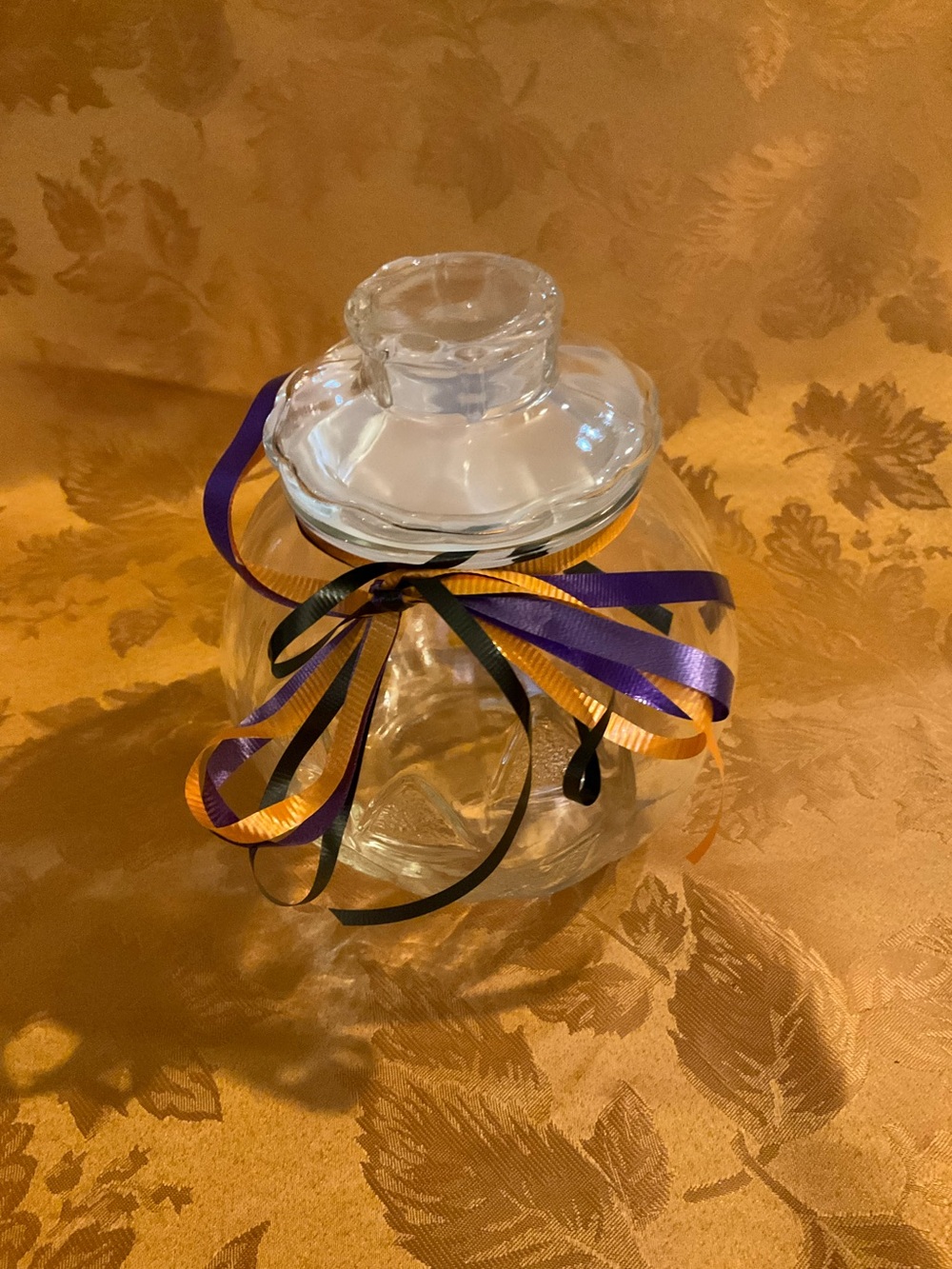 Halloween Pumpkin Glass Candy Jar with Purple, Gold and Black Ribbon Accent